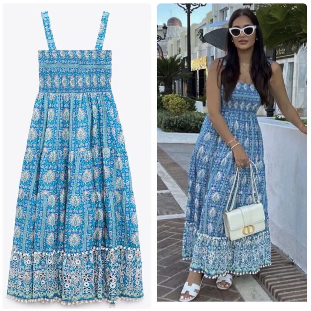 ZARA Long Printed Dress Floral Embroidered Square Neck Smocked Ruffle Maxi, Blue